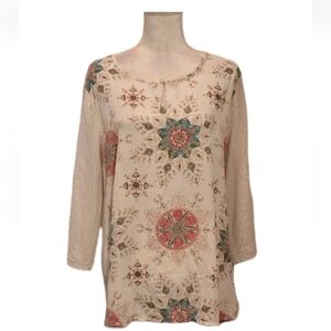 Van Heusen Women’s Boho Tunic Top L  Ivory Mandala Print Crochet Lace Sleeves
